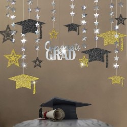 Gold Silver Black Graduation Party Decoration Kit Black Cap Decor Shiny Congrats Grad Banner Star Hat Garland Streamer Banner...