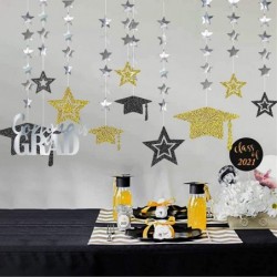 Gold Silver Black Graduation Party Decoration Kit Black Cap Decor Shiny Congrats Grad Banner Star Hat Garland Streamer Banner...