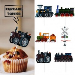 18pcs Black Glitter Dessert Cupcake Topper Transportation Train Railroad Crossing Theme Decor Supplies Baby Shower Children B...