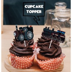 18pcs Black Glitter Dessert Cupcake Topper Transportation Train Railroad Crossing Theme Decor Supplies Baby Shower Children B...