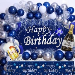 Navy Blue Birthday Decorations Happy Birthday Decorations for Men Women- Blue Photography Backdrop & Tablecloth Balloons Arch...