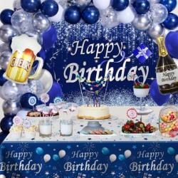 Navy Blue Birthday Decorations Happy Birthday Decorations for Men Women- Blue Photography Backdrop & Tablecloth Balloons Arch...