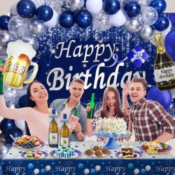 Navy Blue Birthday Decorations Happy Birthday Decorations for Men Women- Blue Photography Backdrop & Tablecloth Balloons Arch...