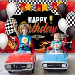 67 Pieces Race Car Birthday Decorations Happy Birthday Racing Car Backdrop Checkered Flags Balloons Black White Checkered Fla...