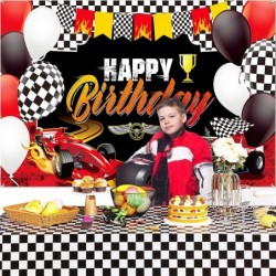 67 Pieces Race Car Birthday Decorations Happy Birthday Racing Car Backdrop Checkered Flags Balloons Black White Checkered Fla...