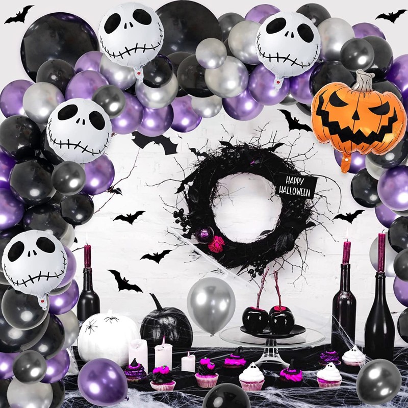 Skull Halloween Party Decoration Balloon Garland Kit - Purple Black Balloon Arch with Pumpkin Skull Balloons for Halloween Bi...