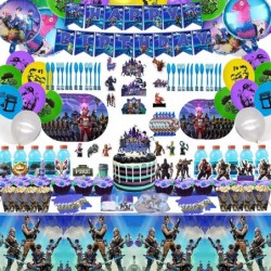 Fornite Party Supplies 266 Pcs Game Party Decorations Include Banners Cake Topper Door Hangings Napkins Stickers Knives Forks...