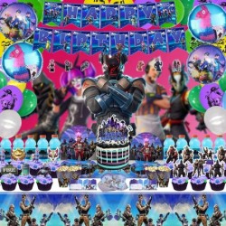 Fornite Party Supplies 266 Pcs Game Party Decorations Include Banners Cake Topper Door Hangings Napkins Stickers Knives Forks...