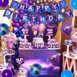 Galaxy Happy Birthday Banner Galaxy Space Astrology Party Decorations for Boys Girls Planet Starry Sky Themed Party Banner Su...