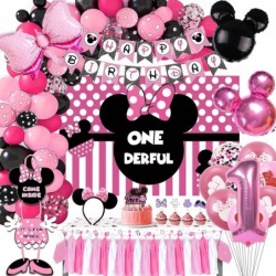 Minnie 1st Birthday Party Supplies - Minnie Theme Mouse Birthday Decorations Include Banner Balloons Arch Backdrop Tablecloth...