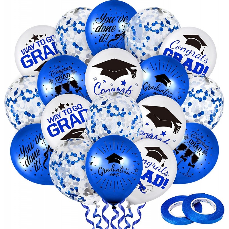 60Pcs Graduation Party Balloon Set 7 Designs Blue White Confetti Latex Balloon with 2 Rolls Blue Ribbon Grad Cap Congrats Gra...