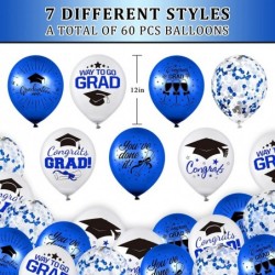 60Pcs Graduation Party Balloon Set 7 Designs Blue White Confetti Latex Balloon with 2 Rolls Blue Ribbon Grad Cap Congrats Gra...