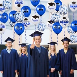 60Pcs Graduation Party Balloon Set 7 Designs Blue White Confetti Latex Balloon with 2 Rolls Blue Ribbon Grad Cap Congrats Gra...