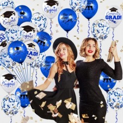 60Pcs Graduation Party Balloon Set 7 Designs Blue White Confetti Latex Balloon with 2 Rolls Blue Ribbon Grad Cap Congrats Gra...