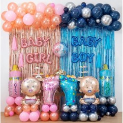 Gender Reveal Decorations Boy or Girl Reveal Party Backdrop&Balloons Arch Garland Navy Blue Rose Gold Fringe Curtains for Bab...