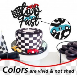 Two Fast Cake Topper Racing Car Chequered Flag Themed Happy Birthday Party Supply for Boys Girls Kids 2nd Seconed Two Bday Ca...