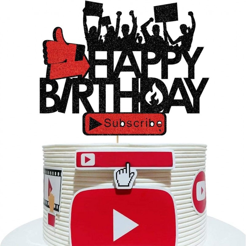 Play Social Media Cake Topper Glitter Happy Birthday Cake Topper for You Tube Theme Birthday Party Decorations Teens Boys Gir...