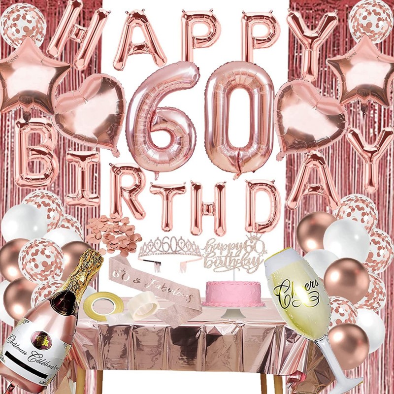 60th Birthday Decorations Women - Rose Gold 60 Birthday Decor for Her Happy Birthday Banner Table Cloth Cake Topper Bday Sash...