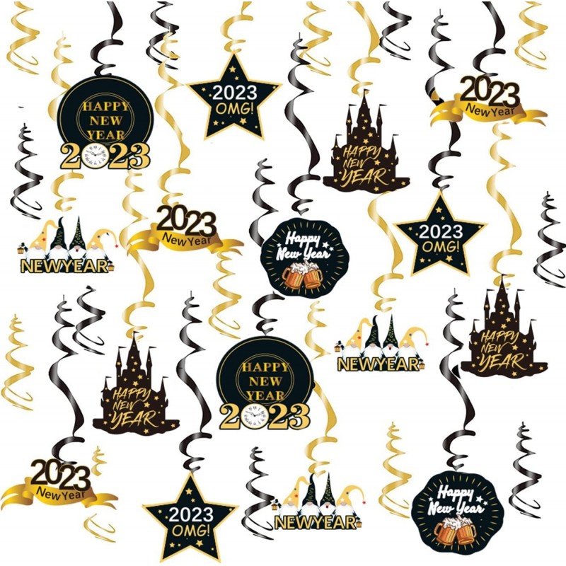 New Year Decorations 2023 Hanging Swirls 42 Pcs Black Gold Foil Swirl and Celebration Card Gold and Black New Years eve Party...