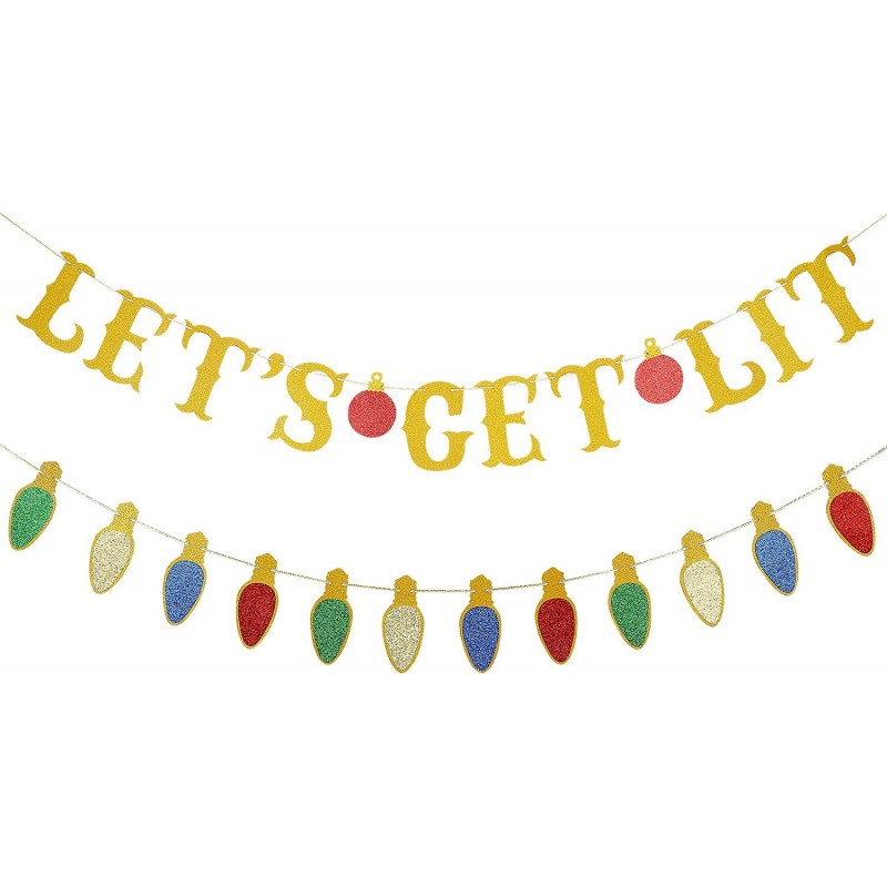 Gold Glitter Let's Get Lit Banner and Christmas Lightbulb Themed Banner- Lets Get Lit Party Decorations Christmas Party Decor...