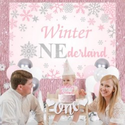 Winter Onederland 1st Birthday Girl Decoration Winter Onederland Backdrop Snowflake Glitter Banner Cupcake Toppers Balloon Ga...