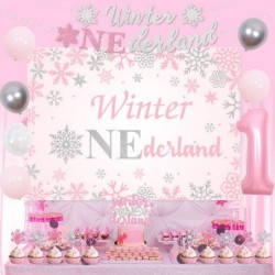 Winter Onederland 1st Birthday Girl Decoration Winter Onederland Backdrop Snowflake Glitter Banner Cupcake Toppers Balloon Ga...