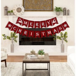 Merry Christmas Banner Plaid Cotton Bunting Banner with Elk and Snowflake Signs Plaid Banner for Holiday Christmas Party Mant...