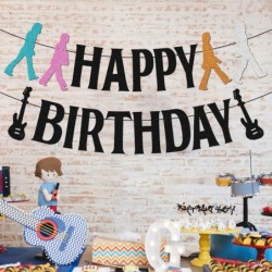 Yummoo Rock and Roll Happy Birthday Banner Let’s Party Musical Notes Music Drums Guitar Theme Birthday Party Supplies Black G...