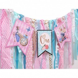 1st Birthday Banner for Alice in Onederland - High Chair Fabric Garland Pastel Pink Blue Aqua Birthday High Chair Decoration ...