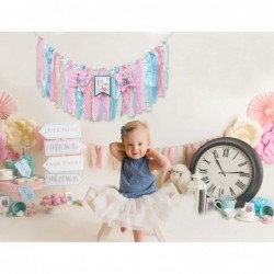 1st Birthday Banner for Alice in Onederland - High Chair Fabric Garland Pastel Pink Blue Aqua Birthday High Chair Decoration ...