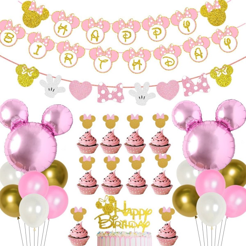 Cartoon Mouse Birthday Party Decorations Pink and Gold Cartoon Mouse Themed Party Supplies for Girls 1st 2nd 3rd with Cartoon...