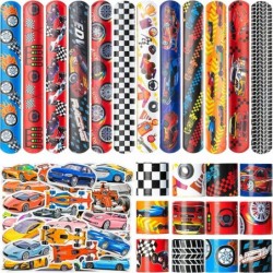 24PCS Racing Car Slap Bracelets 50PCS Race?Car Stickers Party Favors Racing and Speed Themed Wristband Checkered Flags Slap B...