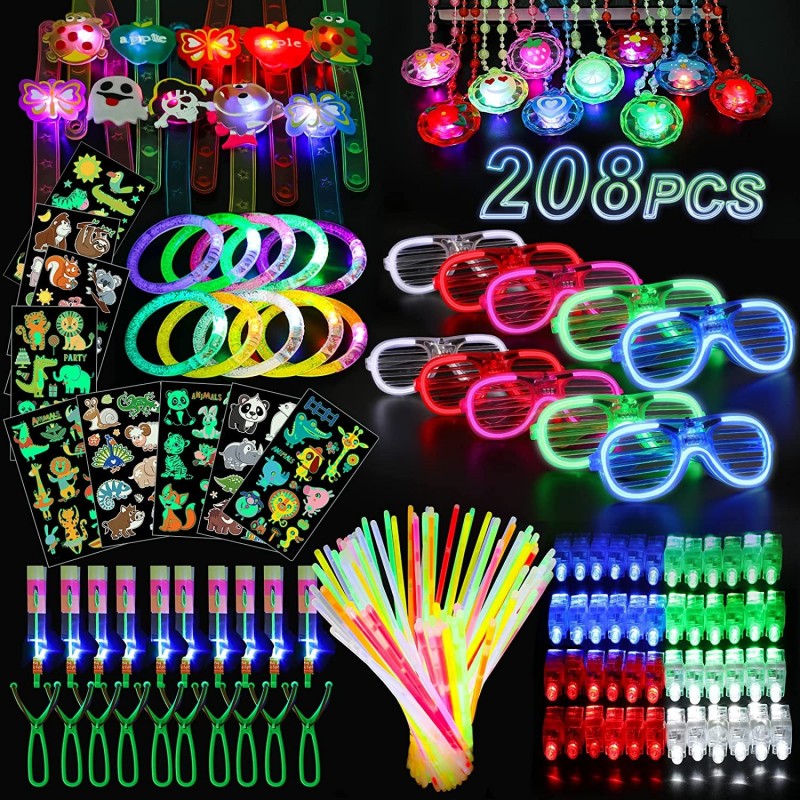 208PCS Glow in the Dark Party Supplies Light Up Birthday Party Favors LED Accessories Toys for Kids Adults 10 LED Glasses 100...