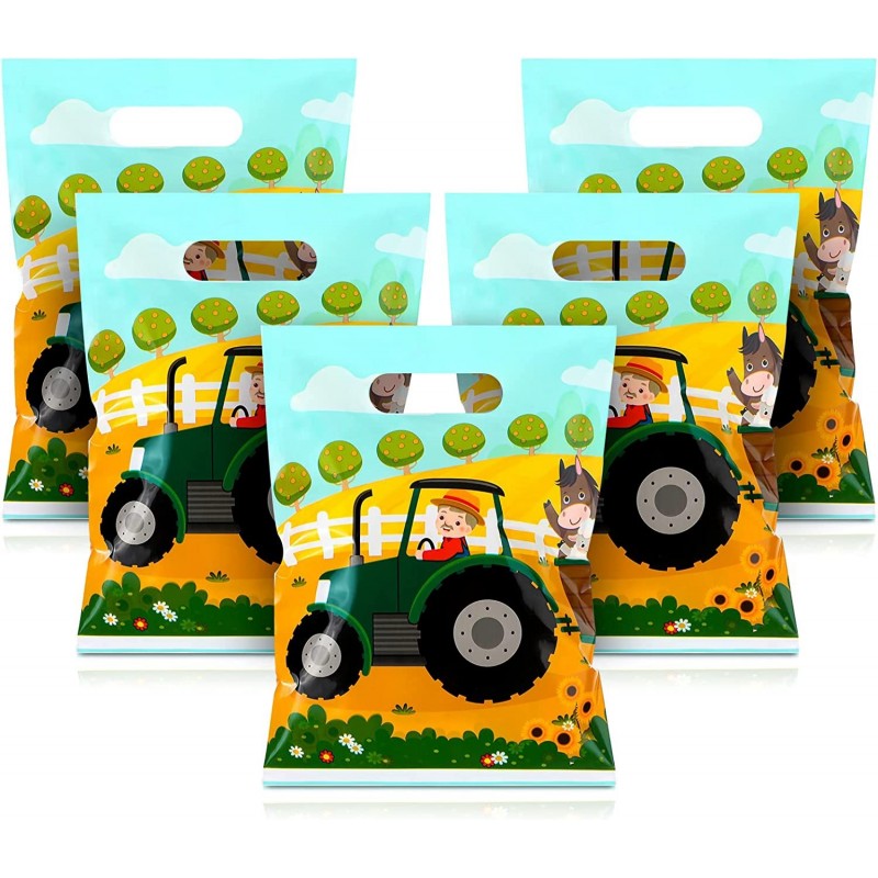 100 Pcs Truck Party Favor Bags Farm Green Tractor Goodie Bags Small Treat Party Bags Plastic Gift Bags with Handles Candy Bag...