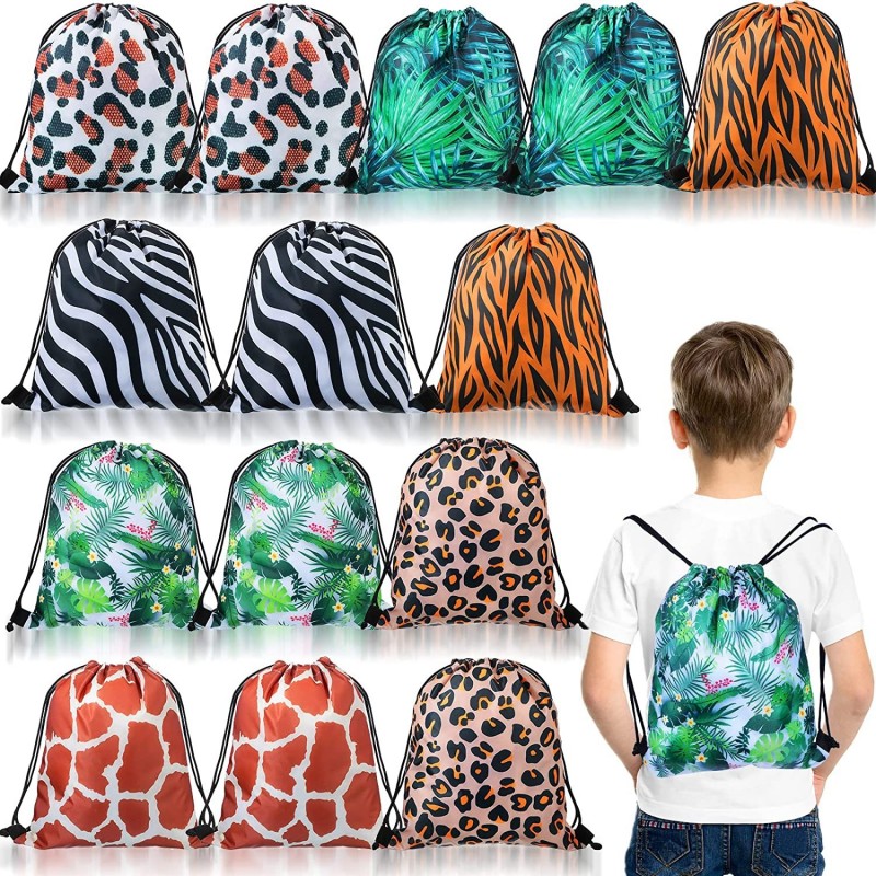 14 Pack Jungle Animal Party Favor Bags Animal Print Drawstring Backpack Safari Goodie Bags Zoo Candy Bags Treat Bags Cinch Sa...