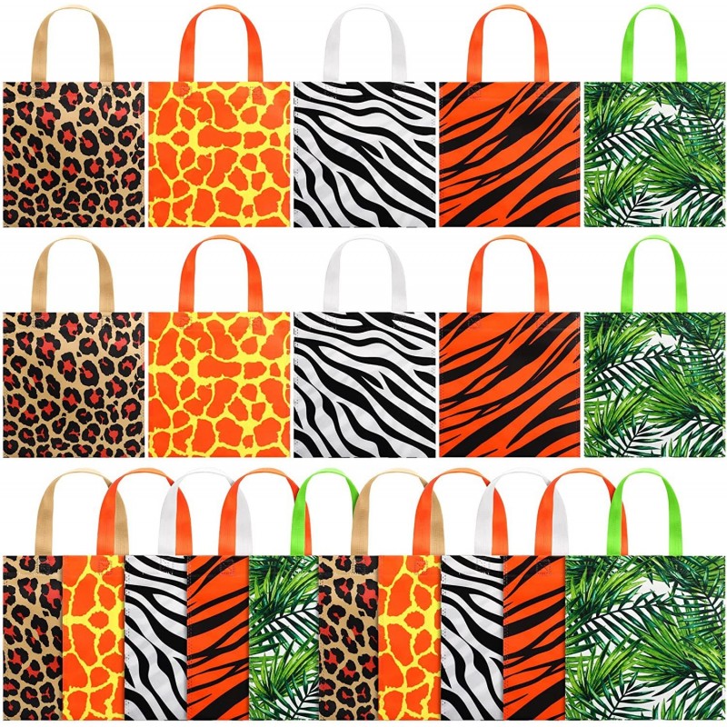 20 Pieces Animal Print Party Bags Zoo Wildlife Treat Goodie Bags Safari Jungle Non-Woven Tote with Tiger Zebra Giraffe Leopar...