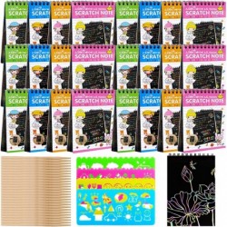 24 Pack Scratch Note Pads for Kids Scratch Arts and Crafts Notebooks Rainbow Scratch Paper with 4 Drawing Stencil and 29 Wood...