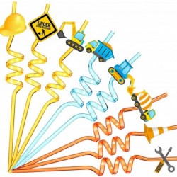 24 Pieces Construction Plastic Straws Reusable Party Curly Drinking Straws Construction Theme Birthday Party Favors Excavator...