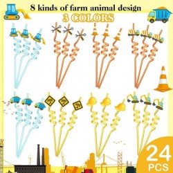 24 Pieces Construction Plastic Straws Reusable Party Curly Drinking Straws Construction Theme Birthday Party Favors Excavator...