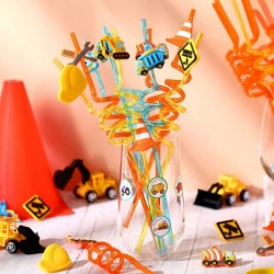 24 Pieces Construction Plastic Straws Reusable Party Curly Drinking Straws Construction Theme Birthday Party Favors Excavator...