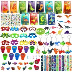 Dinosaur Party Favors Set 12 Pack 96 Pcs Dinosaur Birthday Party Supplies with Gift Bag Mask Keychain Ring Stamper Slap Brace...