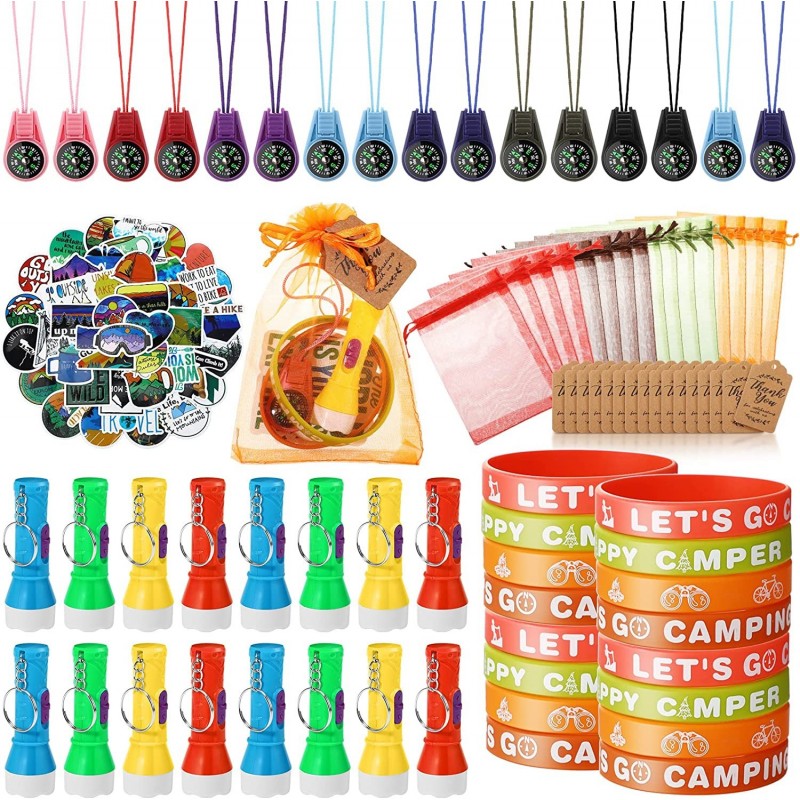 130 Pcs Camping Party Favors Kids Camping Birthday Decor with Silicone Bracelets Mini Compass Mini Flashlight Keychains Stick...