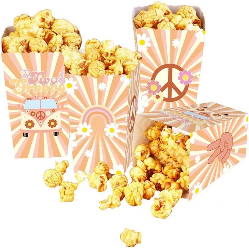 24PCS Two Groovy Popcorn Box Retro Hippie Boho Girl Party Favor Bags Party Gift Goody Treat Candy Popcorn Box for Baby 2 Year...