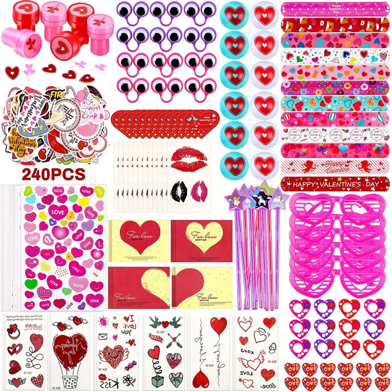 240 Pack Valentine's Day Gift Prizes for Kids Classroom Valentines Party Favors Set for School Gift Exchange Cards Heart Glas...