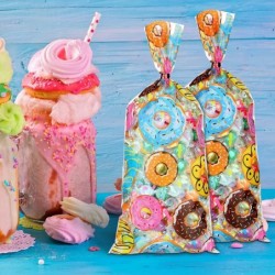 100 Pieces Donut Candy cellophane Bags Sweet Doughnut Treat favor Goodie Bags with 150 Pieces Twist Ties for Donut Birthday P...