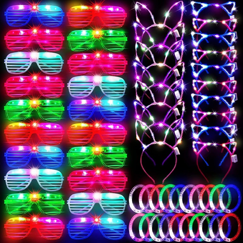 60 Pieces LED Light Up Toy Party Favors Glow in the Dark Party Supplies Includes LED Shutter Shades Glasses LED Cat Rabbit Ea...