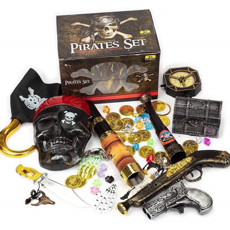 Kids Pirate Pretend Toys Set Pirate Treasure Party Favors Set Pirate Accessories with Skull Mask Treasure Chest Pirate Coins ...