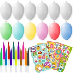 50 Pcs Easter Eggs with 12 Colorful Pens 4 Sheet Easter stickers Hanging Plastic Easter Eggs with Rope Artificial DIY Easter ...