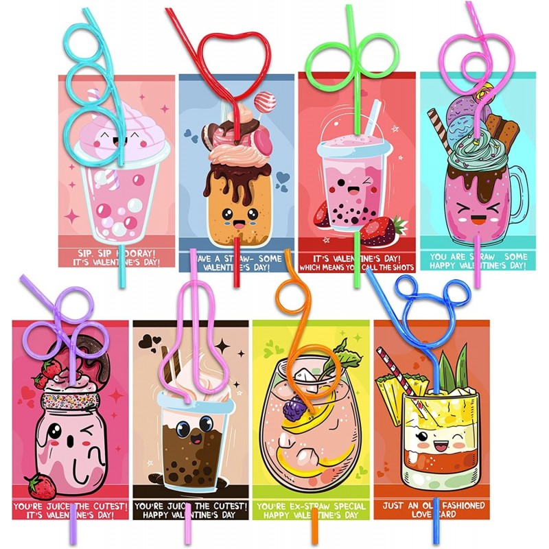 Valentines Day Cards with 32 Pack of Crazy Loop Reusable Drinking Straws for kids Bulk Valentine Exchange Cards for Girls Boy...