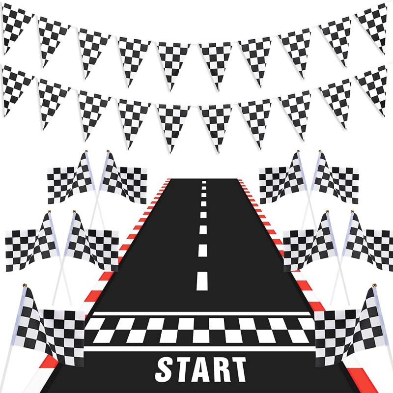 Racing Car Party Decorations Supplies 6.6 x 2 Ft Long Racetrack Floor Running Mat 6.6 Feet Checkered Racing Pennant Banner 10...